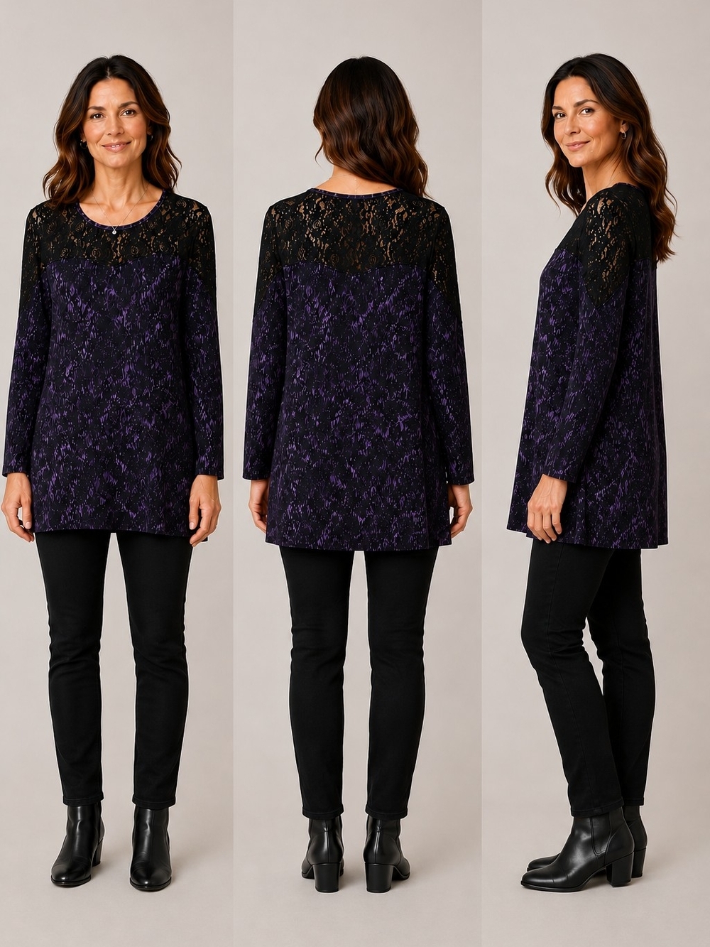 Christine Gerard Women's Lace Yoke Long Sleeve Tunic - Purple - NWT